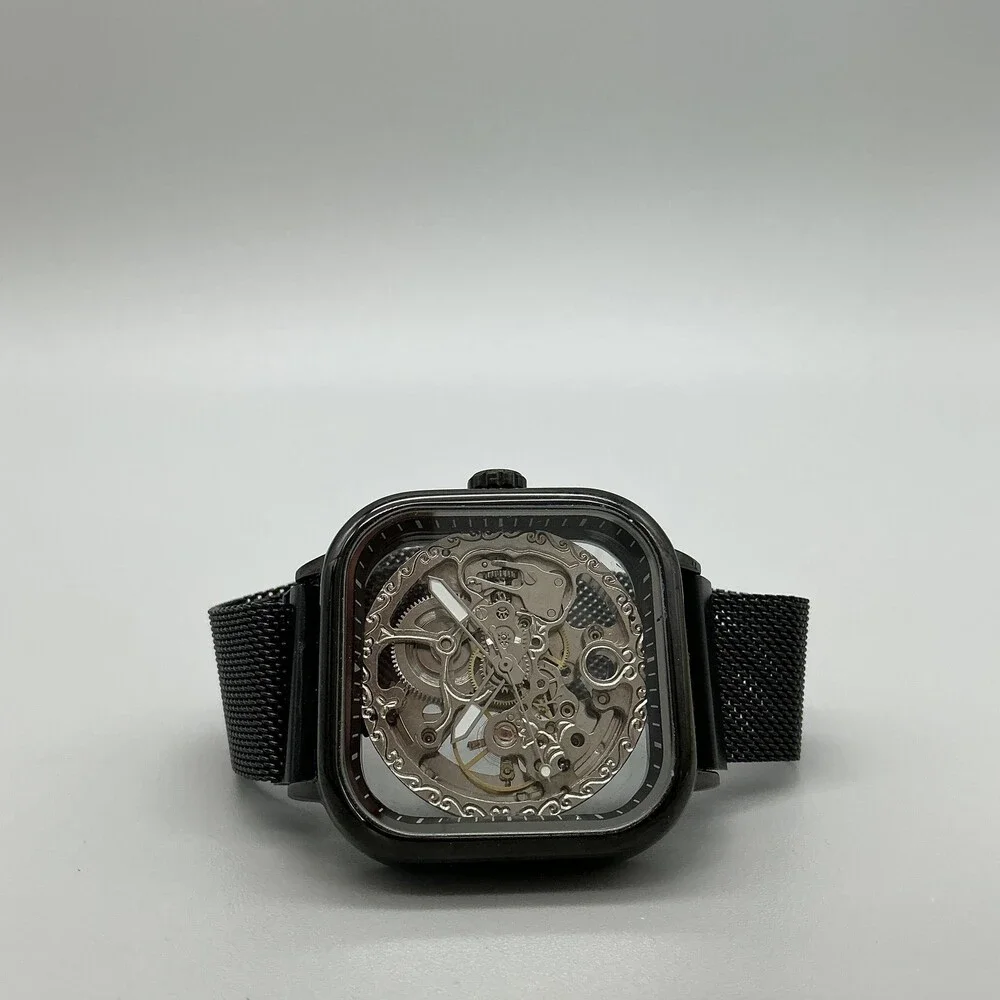 Mens Watch 41mm Square Skeleton Dial Black Mesh Automatic Stainless Steel